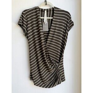 Bailey 44 Anthropologie  Top Striped Olive White Knit  V Neck Size L NWT